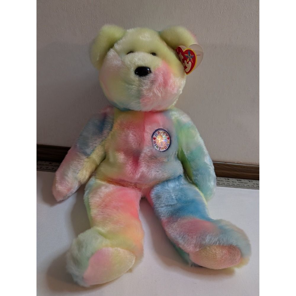 Ty Beanie Buddy Happy Birthday Bear Tie Dye Pastel Plush 2001 14 inch 9422‎